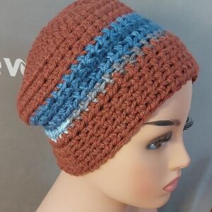 New Handmade Boho Crochet Hat | Brown, Blue & Gray Ladies